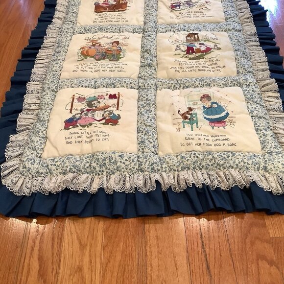 Handmade Childrens Blanket Quilt With Cross Stitch Nursery Rhymes Kitschy 45”x32 - Picture 12 of 14